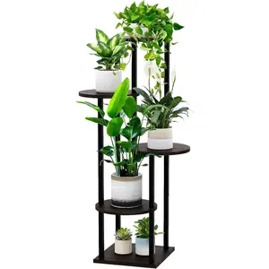 5 Tier  Tall  Stand Metal Rack Indoor, Multiple Flower Pot Holder Shelves Corner Rack, Round Planter Shelf Display Rack Storage Organizer for Patio Living Room Balcony(Black Oak)