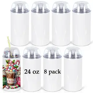 8 Pack Dome Lid Sublimation Tumblers, 24 oz Sublimation Tumbler with DIY Dome Lid, Stainless Steel Sublimation Cups with Dome lid and straw,Individually Boxed