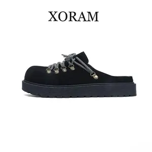 Men's Spring-Summer Suede Slip-On Closed-Toe Mules, Comfortable All-Black Suede Loafers (Style D77)