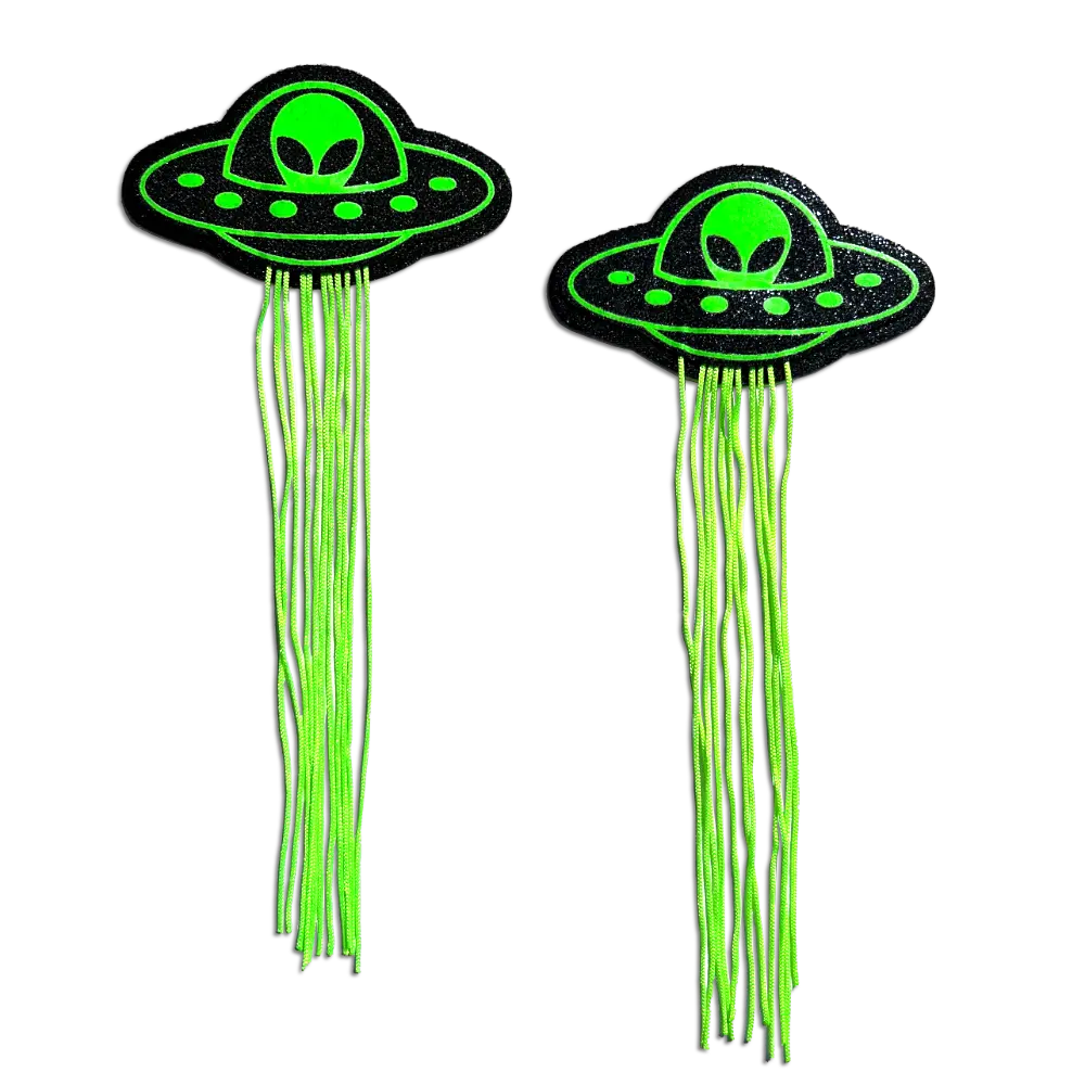 Tassel UFO Alien Glow-in-the-Dark Neon Green on Black Nipple Pasties by Pastease