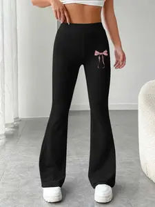 Graphic Print Spring Summer Fashion Womenswear Casual Slim-Fitting Flare Leg Pants, Elastic Waist Home Workout Long Pants, Perfect for Home Gym Wear