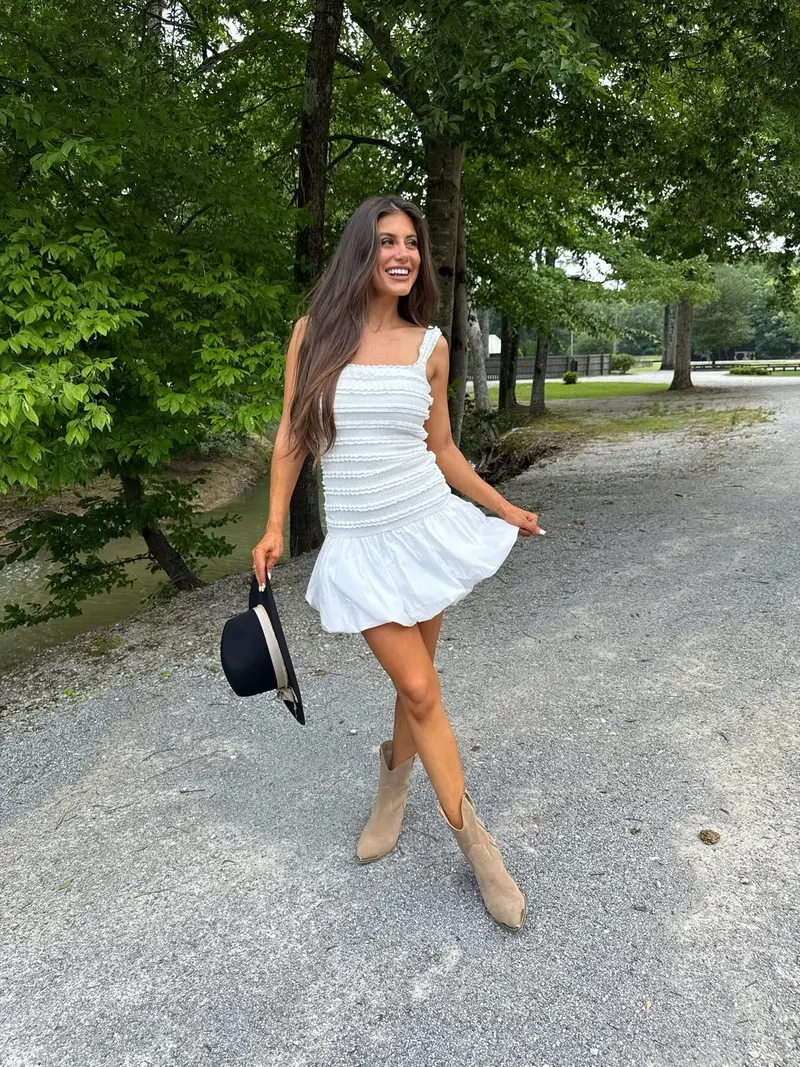 Tiered Lace Bubble Hem Dress-Off White