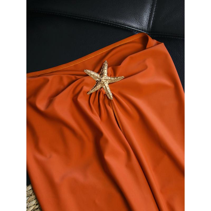 EDOLYNSA Solid Color Starfish Decorated Backless Lace-Up Orange Red One-Piece Swimsuit with High Slit Skirt Two-Piece Set Sexy Swimwear Holiday Pool Party Women's Elegant Bikini Set Fashion 2pcs Bikini Set with Beach Skirt K59 EDOLYNSA Solid Color Starfish Decorated Backless Lace-Up Orange Red One-Piece Swimsuit with High Slit Skirt Two-Piece Set Sexy Swimwear Holiday Pool Party Women's Elegant Bikini Set Fashion 2pcs Bikini Set with Beach Skirt K59