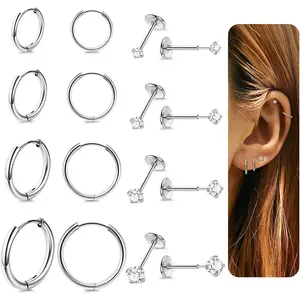 8Pairs 20G 316L Stainless Steel Threadless Earrings for Men Women  Push in Earrings Flat  Small Huggie Hoop Earrings Lobe Helix Cartilage Earrings for Multiple