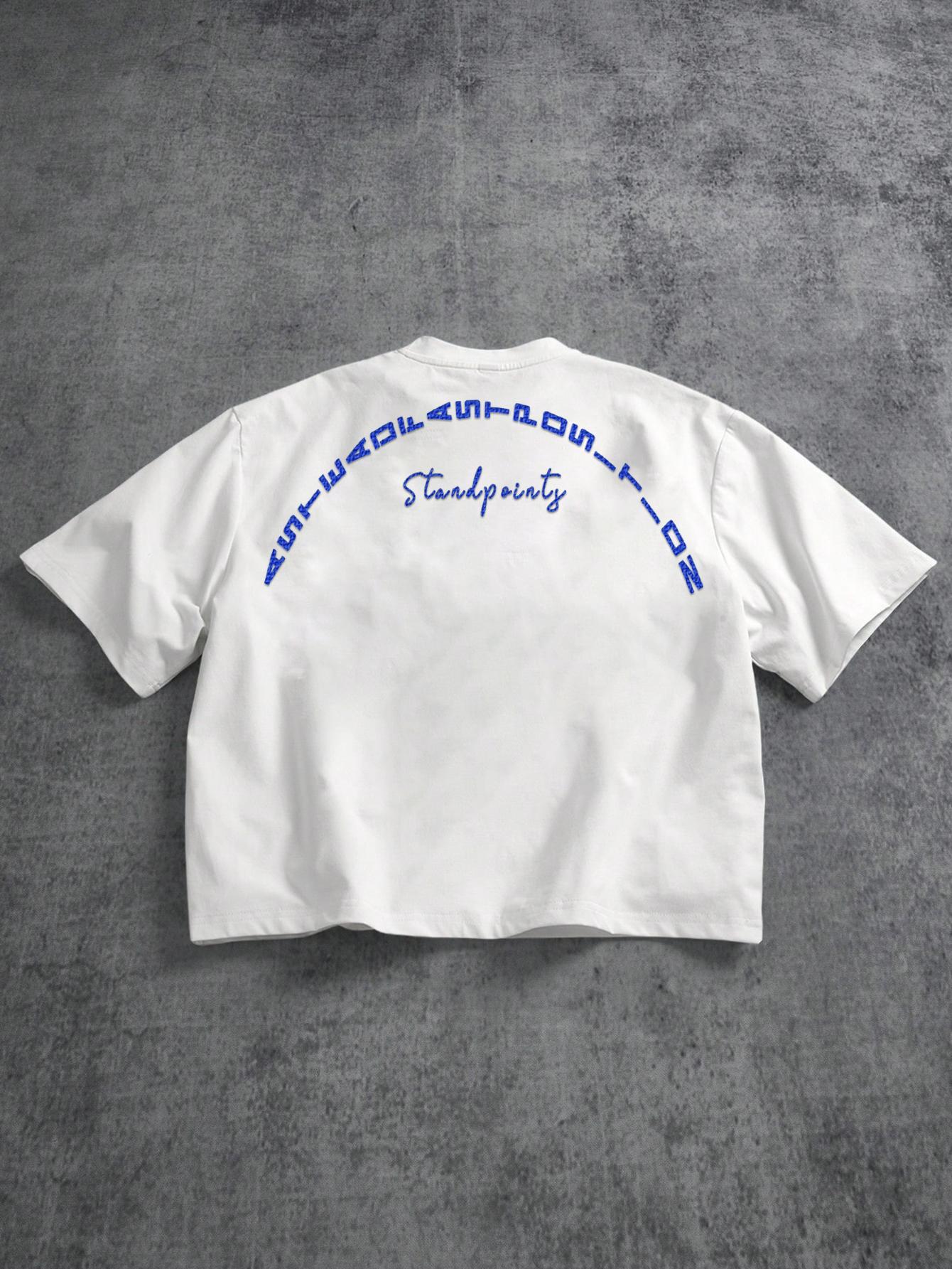 Unisex two-piece set, cropped Y2K street style. Short-sleeve loose oversized top featuring a curved back and towel embroidery with lettering. Perfect for summer fashion styling and trendy parties; an ideal gift for a boyfriend or husband.