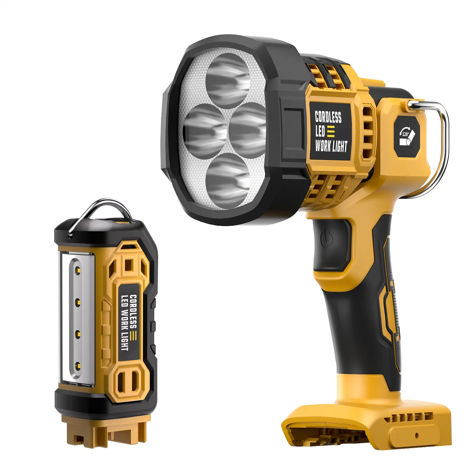 2-in-1 Cordless Rechargeable Work Light for DeWalt 20V Max Battery, 2000LM Dual Head Spotlight & Floodlight, 120° Pivot Base Hooked Light with Hanging Mounts, 20V Tool Power for Mechanics (Tool Only), Hooked Lights