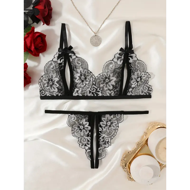 Women's Sexy Floral Lace Lingerie Set, Cupless Bralette with Bow Detail And  Crotchless Thong Panty, Boudoir Intimate Wear
