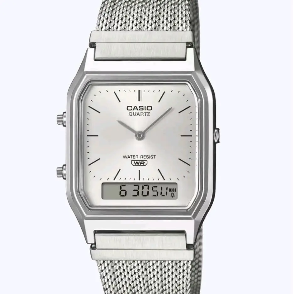 AQ230EM-7A New Casio Vintage Mesh bracelet Ana/digi unisex watch " New Casio style"