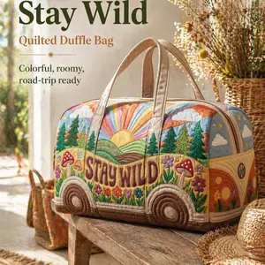 Stay Wild Quilted Weekender Bag, Boho Travel Duffle Bag with Spacious Interior, Soft Padded Overnight Tote for Weekend Trips, Road Trips, Camping and Everyday Getaways