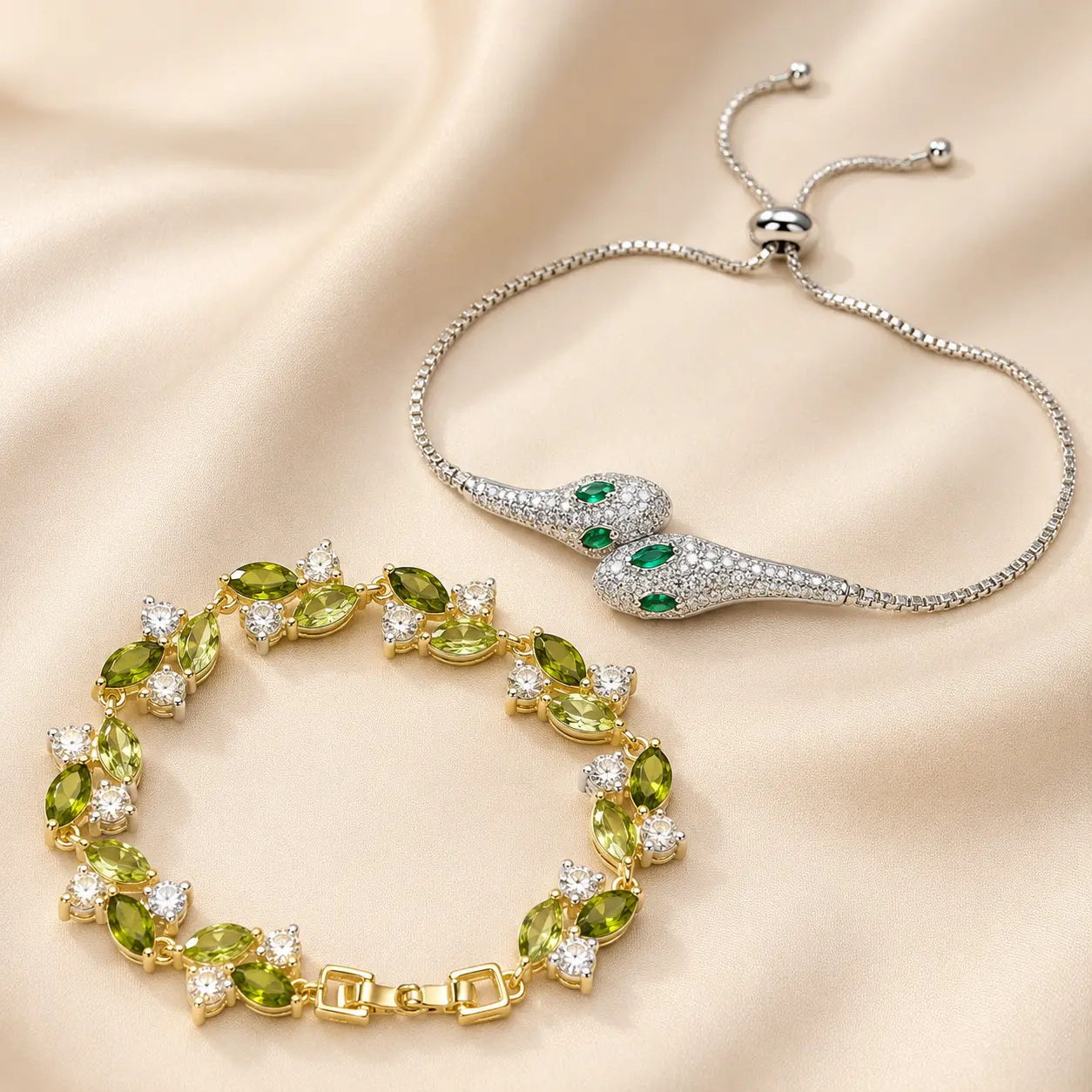 Women’s Green Gemstone Snake Bracelet & Leaf Crystal Bracelet Set | Elegant Gold Tone Adjustable Fashion Jewelry Gift
