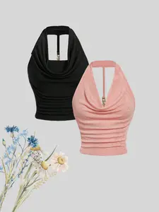Elegant Backless Halter Neck Crop Top Set, Spring Summer Fall Fashion, Comfortable Women's Two-Piece, Trendy Casual Wear