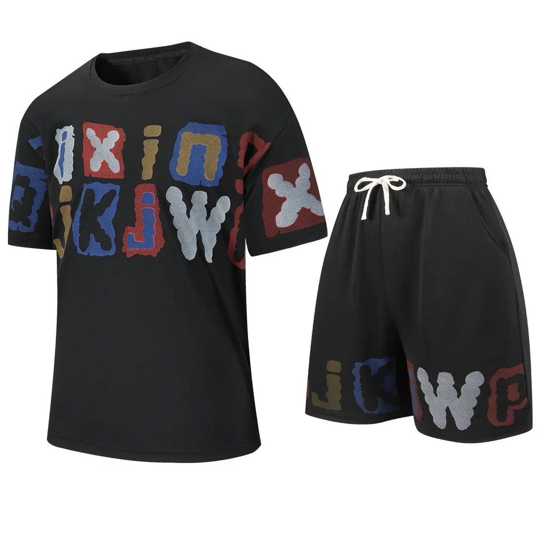 Unisex loose-fit straight-leg mesh T-shirt and shorts set with letter print, drawstring, quick-dry, breathable fabric—ideal for gym, running, basketball, streetwear, summer casual wear, and everyday use by high school youth athletes.