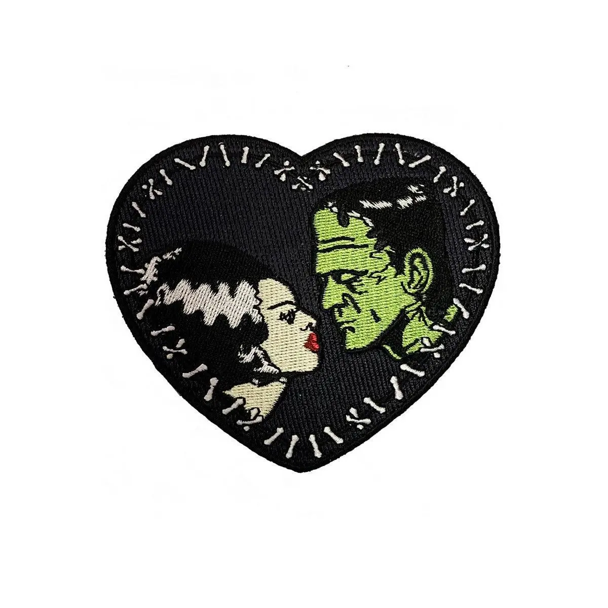 Bride & Frankenstein Stitch Heart Beautifully Embroidered Patch, 4" w x 3.5" h Collector's Item for Frankenstein & Bride Fans, Embroidery Craft Sewing Supply
