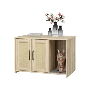 Cat Litter Box Enclosure,Cat Litter Box Enclosure Furniture,Hidden Litter Box Cabinet Furniture,Wooden Cat Washroom, Storage Cabinet, Indoor Pet House,Black,Natural