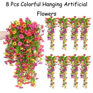 8 PCS Faux Silk Daisy with Eucalyptus Leaves, Artificial Fake Hanging Flowers Plants for Outdoor Autumn Decoration,UV Resistant Look Real Long Trailing Vines for Outside Home Indoor Planter Porch Patio Balcony Yard Decor