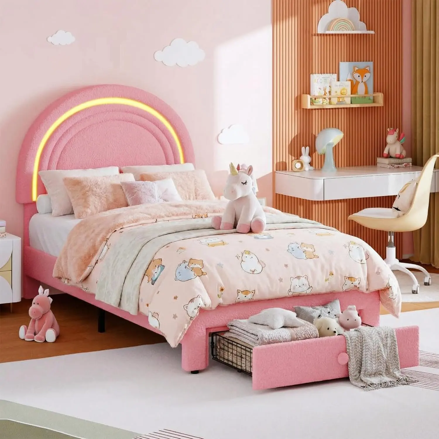 Pink Twin LED Kids Upholstered Platform Bed Frame for Girls' Kids Bedroom - Rainbow Shape Headboard, App & LED Control Colorful Glow, Warm Lamb Wool, Storage Drawer, Solid Wood Slats, Noise-Free Divan Bed, No Box Spring Needed, Assembly Required, Pink Bed
