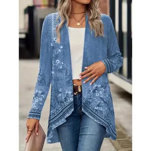 Women’s long-sleeve floral print open-front casual lightweight jacket for spring and fall; women’s clothing fabric; womenswear; blue-collar uniforms; workwear; gamis