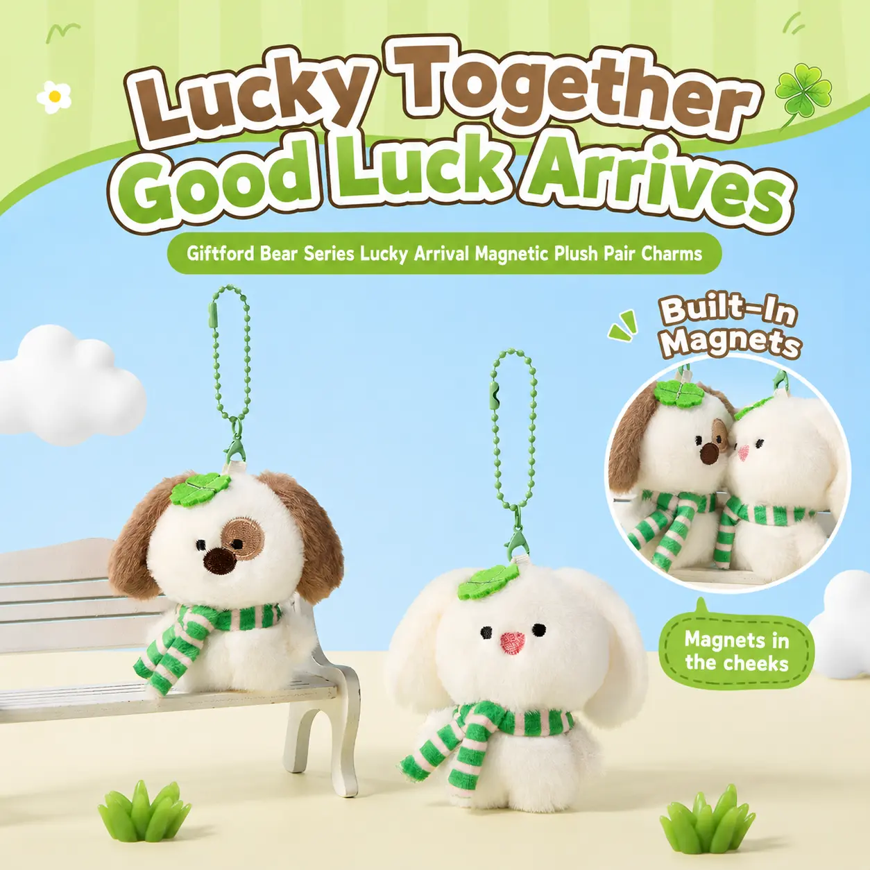 MINISO Cute Giftford Bear Lucky Arrival Magnetic Pair Charms - Polyester Stuffed Animal Pendants, Bunny Bag Decorations, Everyday Girly Keychain Gift for Kids and Girls, Back to School Toy
