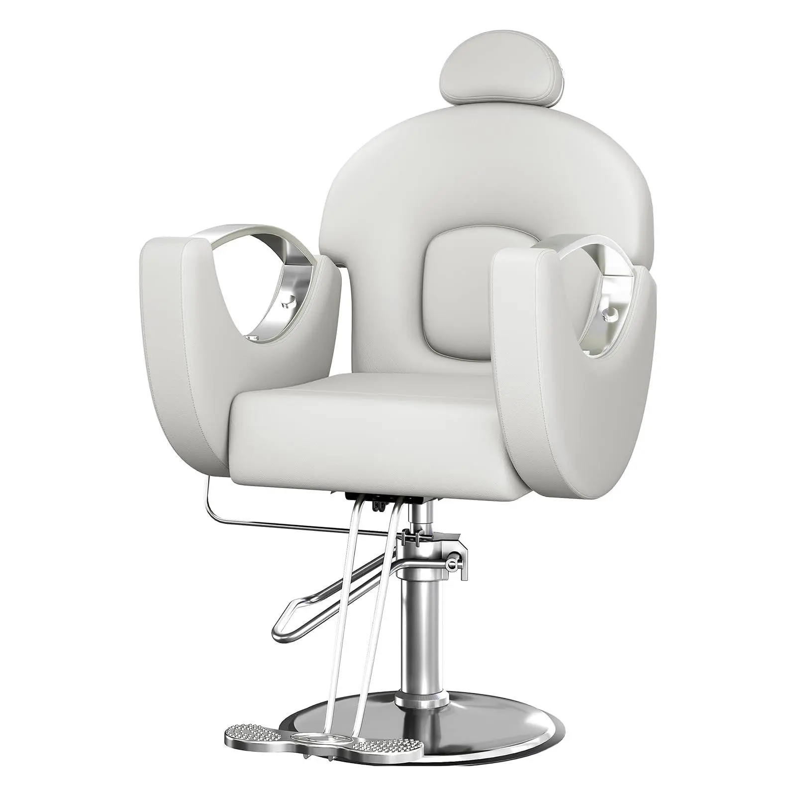 GAOMON Professional Single Seat Barber Chair - 360° Swivel Hydraulic Lift Chair with Heavy-Duty Pump, 5-in Seat Cushion, Adjustable Aerodynamic Base, 130° Shampoo Tilt, Dual Metal Arms - Grey PU Leather for Barbershop