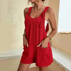 Women's Chic Wide-Leg Jumpsuit - Casual Summer Strappy Sleeveless Lace-Up 1-Piece Comfortable Solid Overalls with Tie-Knot Straps, Pockets, Versatile Accessory Compatibility, Casual Overalls