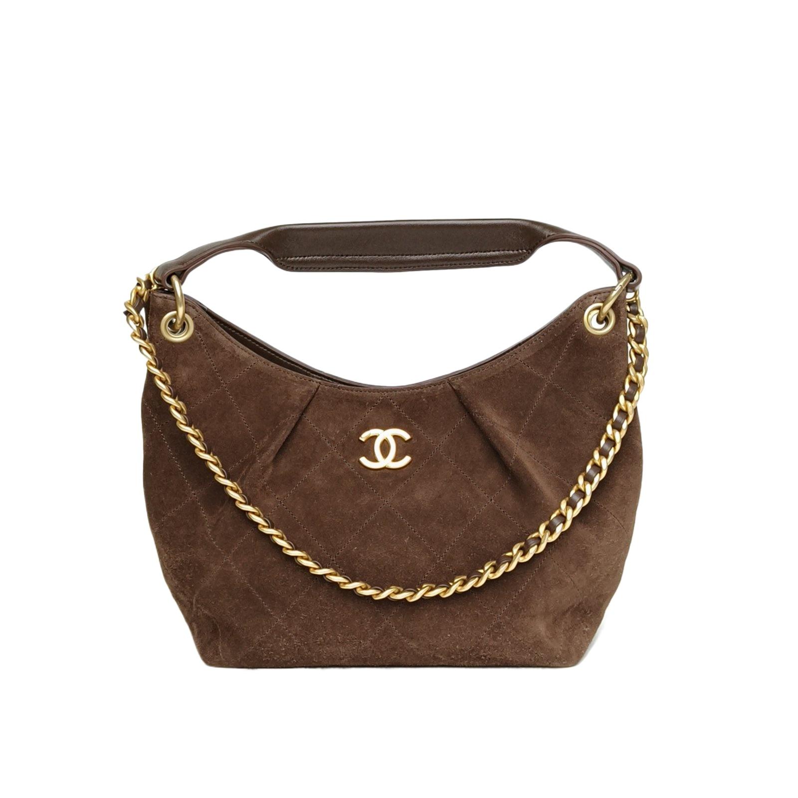 Pre-owned CHANEL leather Tote Bags 【Zanna】26C Hippie Hobo Underarm Bag Small Size Brown Interior Open with Gold Clasp