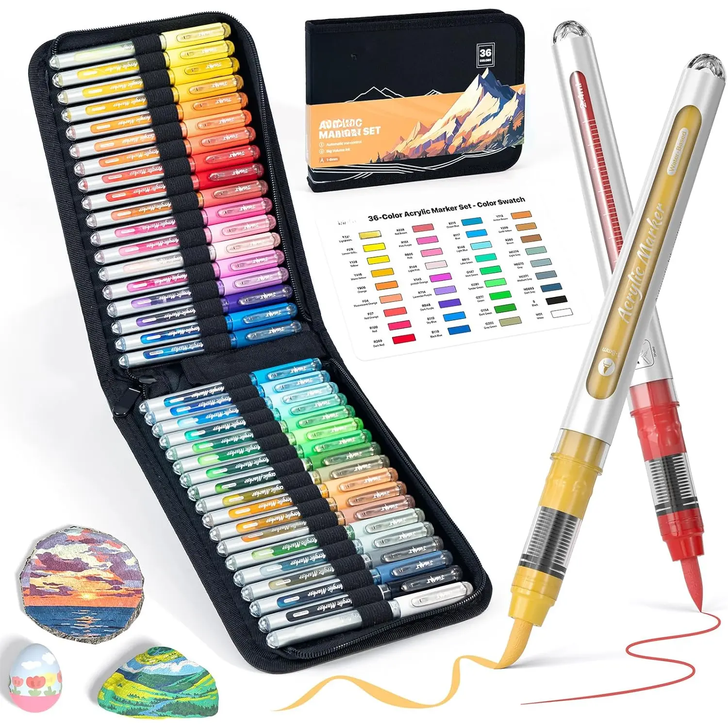 36 Colors   Markers with Canvas Bag, Water-Based No-Bleed  Pens with Automatic Ink Control System,  Brush Tip Markers for Rock, Egg, , Fabric, Glass, DIY Crafts