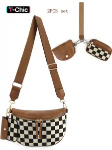 Women's Checked Pattern Crossbody Bag & Wristlet Set, Fashionable PU Leather Crossbody Bag & Wallet, Casual Trendy Versatile High-quality Daily Commuting Bag Set, Crossbody Shoulder Purses, Casual Crossbody Bags