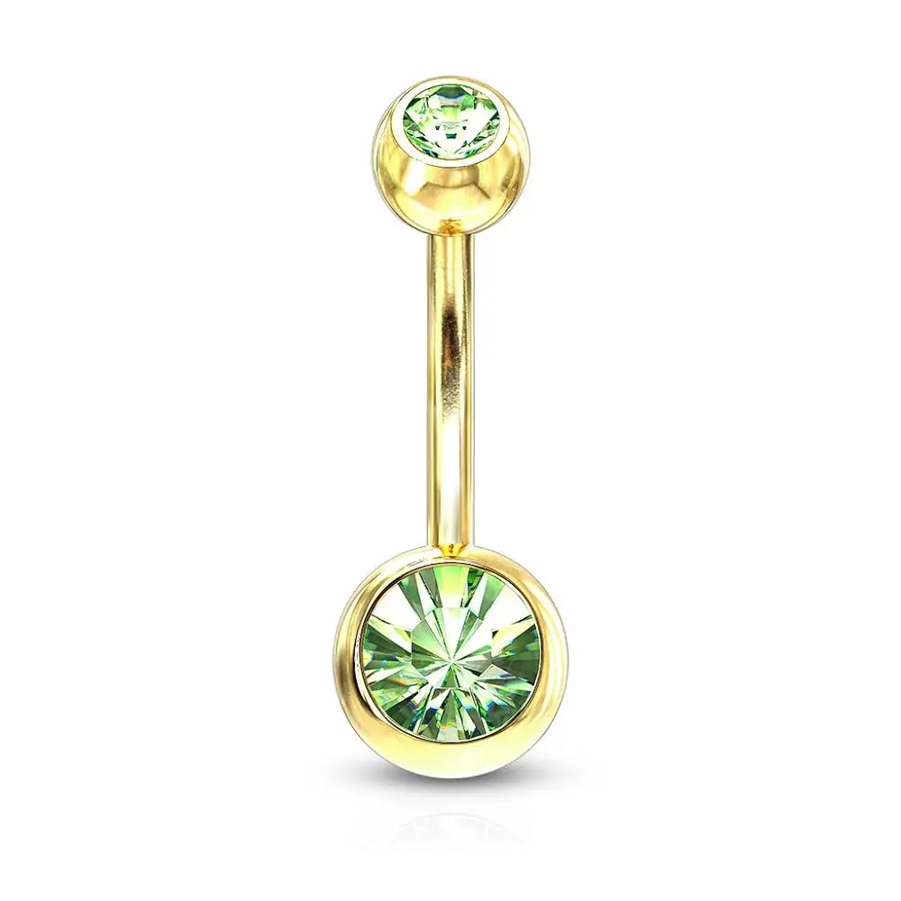 FIFTH CUE High-Quality Titanium & 316L Surgical Steel Gold IP Jeweled 14GA (1.6mm) Hypoallergenic Belly Button Ring, Green with Crystal Ball Ends for Belly Button Piercing, 3/8"(10mm)