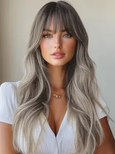 26-Inch Fashionable New Long Curly Brown Gradient Blonde Wigs with Bangs Synthetic Wigs for Women, Suitable for Ordinary Work, Life, Dance Parties and All Occasions