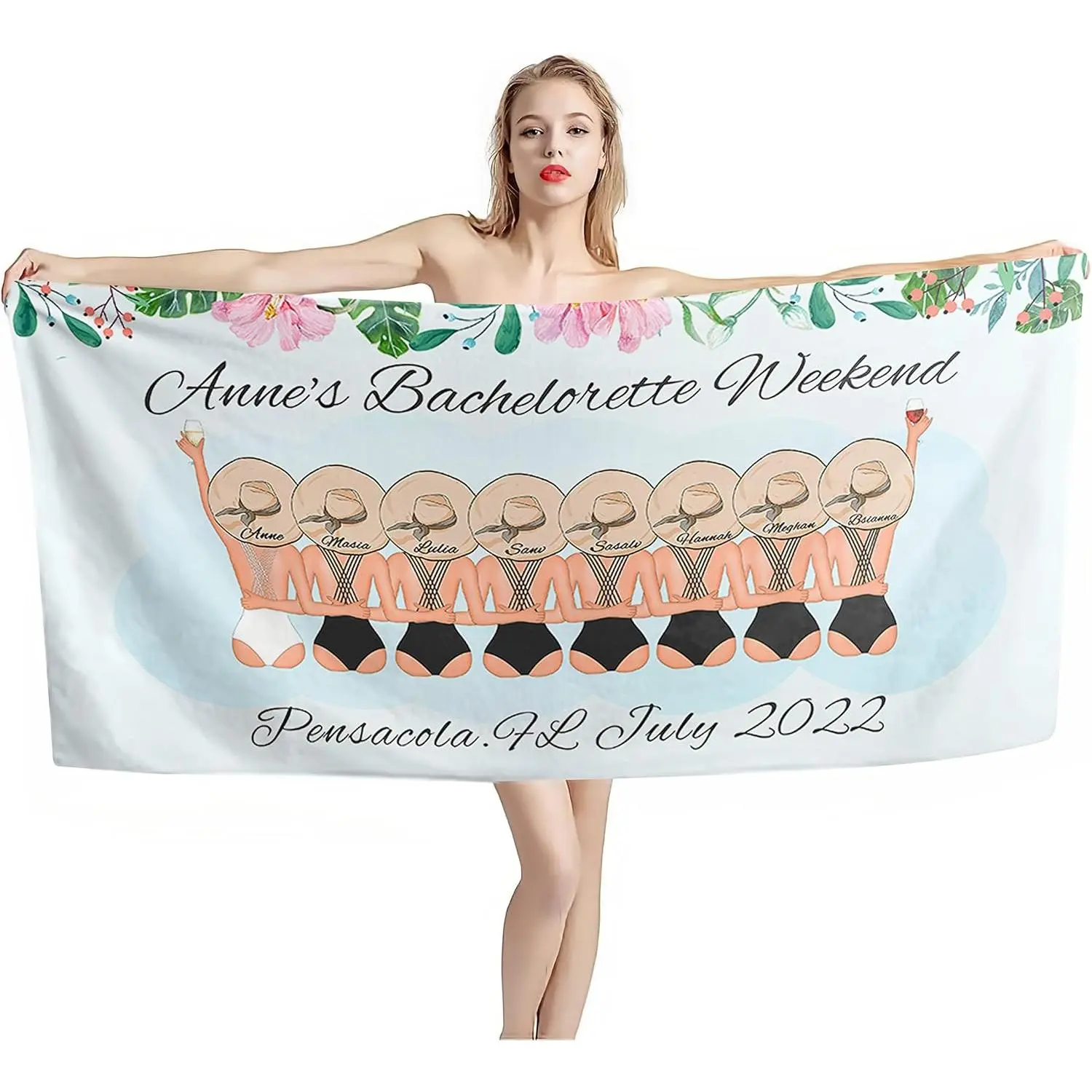 Personalized Bachelorette Beach Towel  Custom Name and Special Date Floral Beach Towel for Honeymoon and Bachelorette Party Personalized Gift for Wedding Bridal Shower
