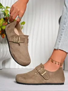 Velvet Single Buckle Casual Shoes, Camel Colors, Low Top Comfortable Design, Size 36-42, Daily Wear, Fall Winter
