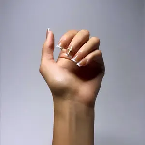 Handmade Mini French Tip Press-On Nails Set with Golden Cross Accent
