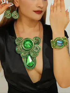 Handmade Creative Aluminum Wire Inlaid Artificial Crystal Necklace Earrings Open Bracelet Set, Unique Jewelry Gift for Women
