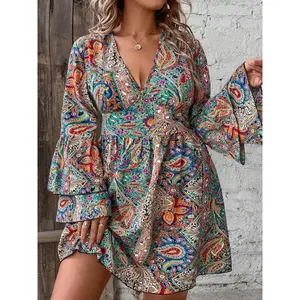 ��Plus Size�� All Over Paisley Print Ruffle Trim Flounce Sleeve Dress, Boho Deep V Neck Long Sleeve A Line Dress for Vacation Holiday Wedding Guest, Women's Clothes for Fall & Winter