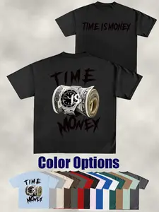 Time Is Money Graphic Print Tee, Unisex American High Street Short Sleeve, Loose Fit Round Neck, Summer Fashion Essential