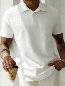Men's Pure Color Textured Collared T-Shirt, Breathable Comfy Business Casual Fitted Polo, 3D Embossed Texture, Fall & Winter Short Sleeve