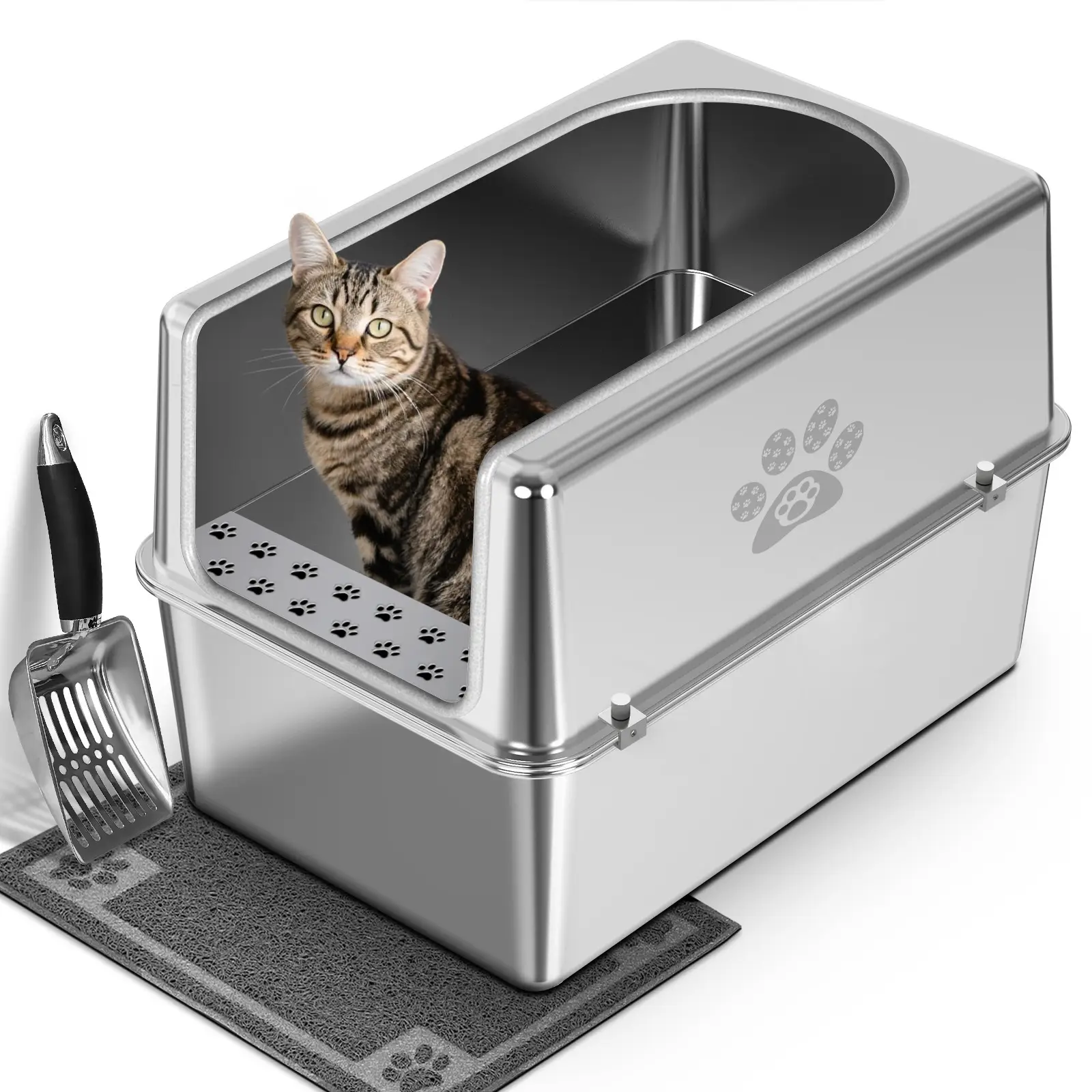 PTLOM Enclosed Stainless Steel Cat Litter Box with Lid, for Big Cats with High Side, Non-Stick, Anti-Leakage, Odorless, with Mat & Litter Scoop