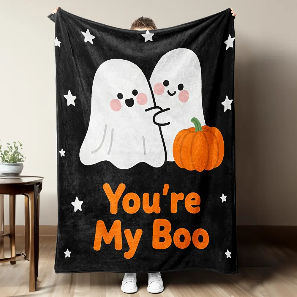 You're My Boo Halloween Throw Blanket, Cute Ghost Couple Pumpkin Blanket, Romantic Halloween Blanket for Boyfriend Girlfriend, Black Orange Spooky Season Blanket for Couch Sofa Bed, Cute Halloween Home Decor Gift for Couples