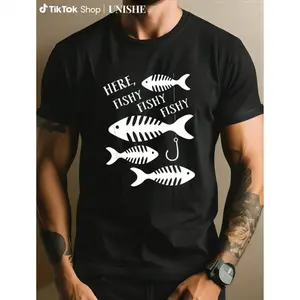 180g[100%cotton]Men's Cotton Fish Tee – Fun Casual Short Sleeve, Crew Neck, Fish Are Here Graphic funny shirts men