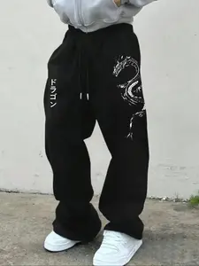 Men’s Oversized Baggy Streetwear Sweatpants –Dragon Print Pants, Soft Fleece Cotton Blend Wide Leg Trousers with Japanese Dragon Graphic & ドラゴン Text, Retro Casual Daily Wear Loose Fit Drawstring Waist, Men’s Comfy Lounge Street Fashion Joggers