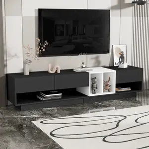 ON-TREND Sleek and Stylish TV Stand with Perfect Storage Solution, Two-tone Media Console for TVs Up to 80'', Functional TV Cabinet with Versatile Compartment for Living Room, Black   WL