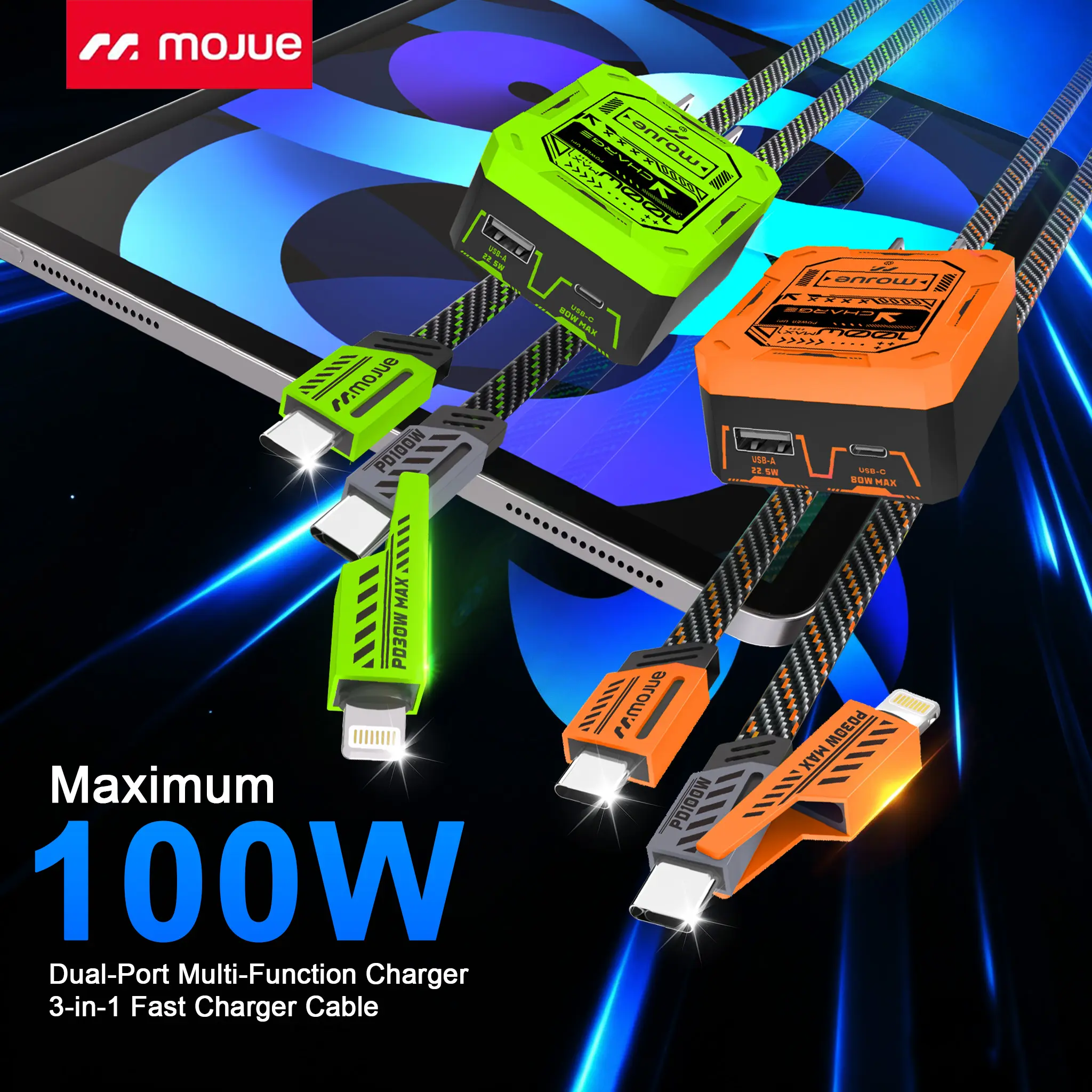 [2-Pack] MOJUE 100W 3-in-1 Fast Charging Set – Dual Port USB-C & USB-A Wall Charger with Braided Mecha-Style Cable, Compatible with iPhone 17/16/15/14/13, Samsung Galaxy, iPad & Android Connection Durable#Back To School
