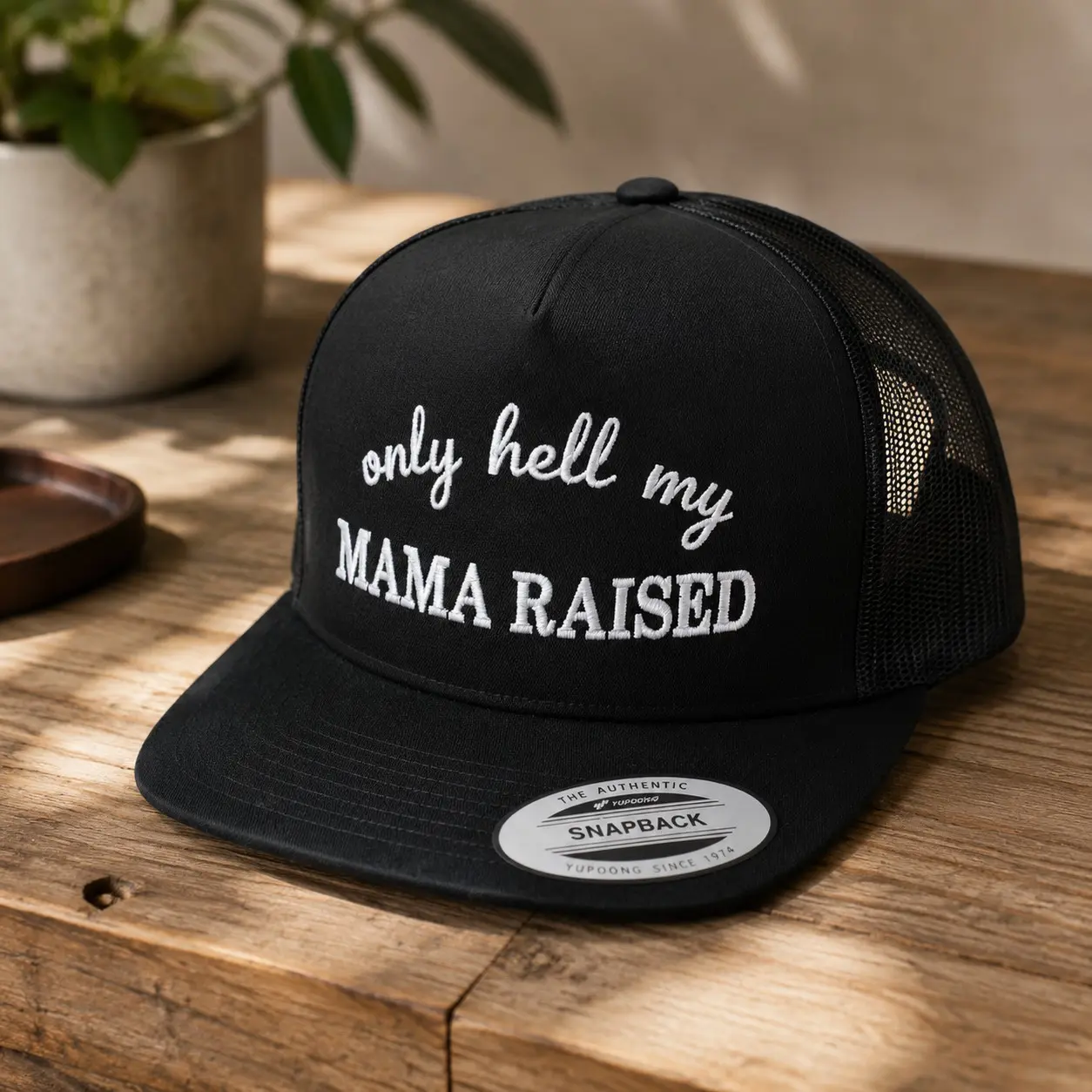 Vintage Black Embroidered “Only Hell My Mama Raised” Snapback Cap – Streetwear Trucker Hat Unisex Adjustable Casual Baseball Cap