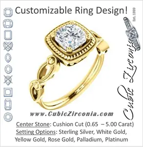 Cubic Zirconia Engagement Ring- The Lucille May (Customizable Cushion Cut Solitaire featuring Filigree Faux Halo and Infinity Split Band)
