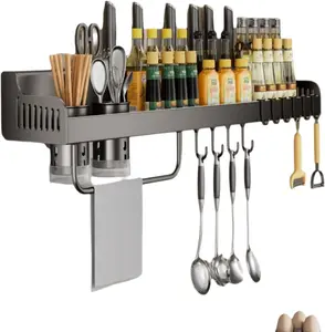 NEW Kitchen Utensil Rack Wall Mounted Spice Rack，Spice Rack with Hooks Wall Mount, Stainless Steel, Hanging Storage Wall Shelf for Spatula Spoon, 23.7in Seasoning Jar Organizer