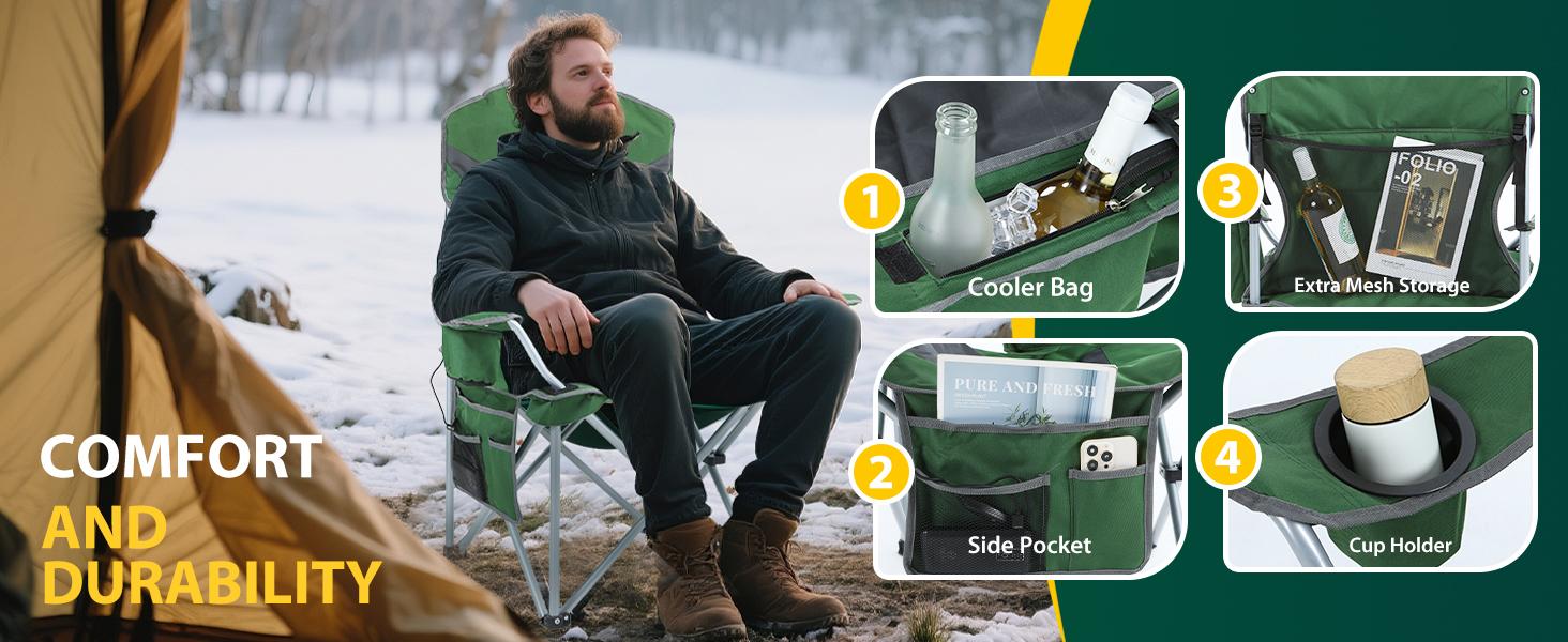 Nice C Heated Camping Chair with Battery, Heated Outdoor Sports Chair, Folding Chairs, with Cooler Bag, Cup Holder, Carry Bag, 10000 mAh Power Bank Included (Green&Grey 1-P)