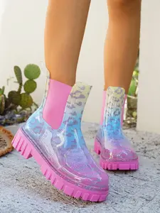 Gradient Leopard Glitter Chelsea Rain Boots Women, Thick Sole Anti-Slip Waterproof Rainbow Color Cigarette Boots, Outdoor Casual Short Rain Shoes