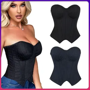 Black striped corset, strapless top with underwire, suitable for business casual, date nights, and fashionable outfits