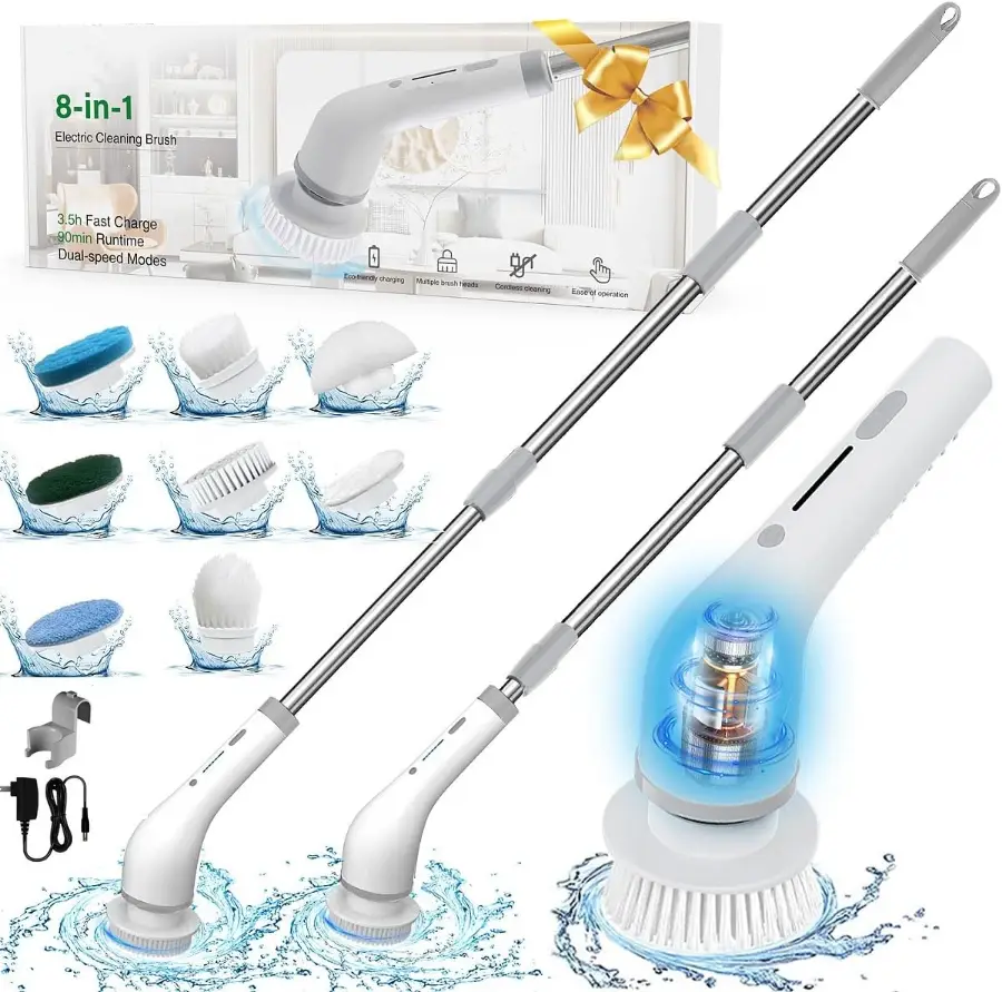 8 in 1 Electric Spin Bathroom Scrubber for Cleaning with holder and charger, Spin Scrubber with Long Handle Heads,Cleaning Brush for Kitchen Floor