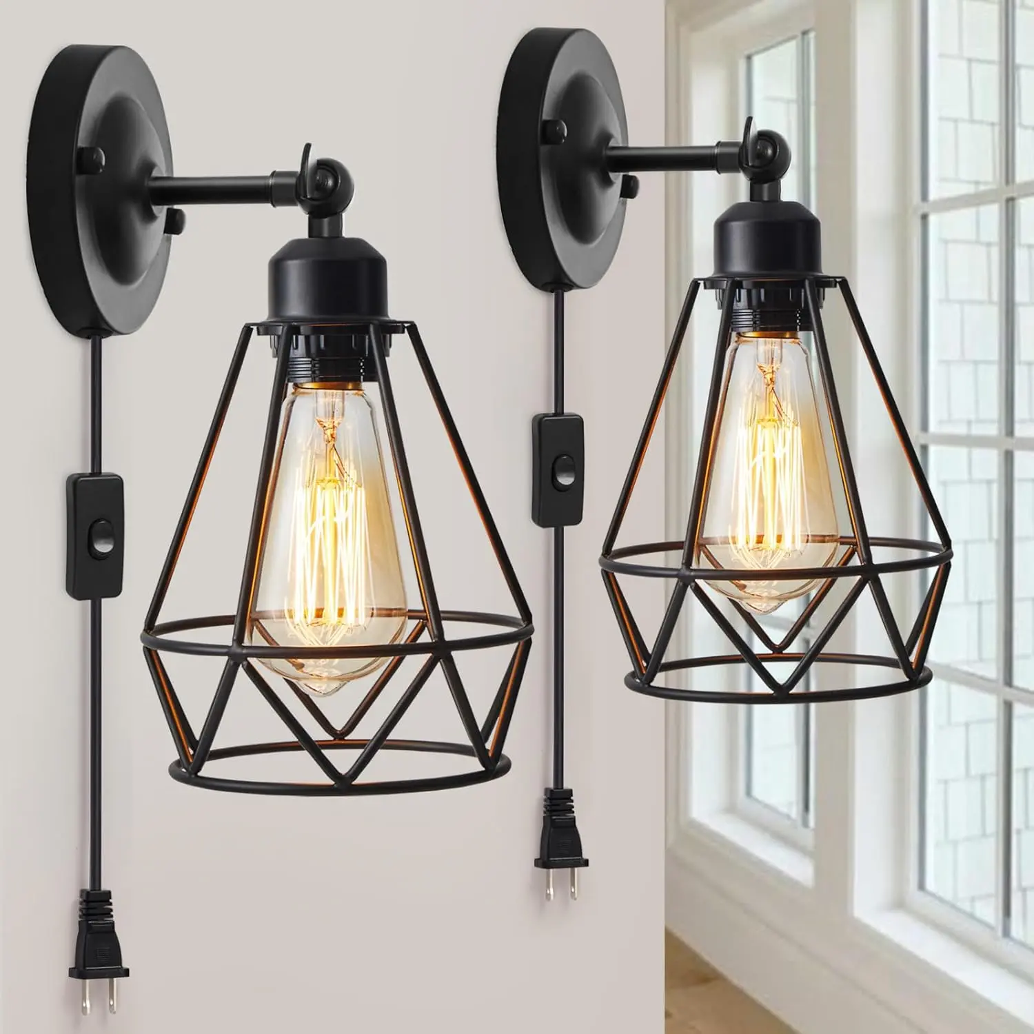 Plug in Wall Sconce, Industrial Sconces Wall Lighting, Vintage Wall Lamp with Plug in Cord, Rustic Black Sconce Fixture, On/Off Switch Sconce Light Fixture for Kitchen Bedroom Porch 2 Pack